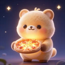 a very very cute stuffed animal holding a glowing pizza in it's hands, backlight, 3 d render, octane render, magical lighting, stars in the night sky, digital art, artstation, highly detailed character design by pixar studios