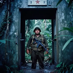 film still, extreme far view, obese soldier, jungle, vietnam door gunner, apocalypse now, associated press,, 2 6 mm, kodak ektachrome, blue tint expired film,