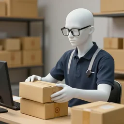 hyperrealistic photo of a pale white amazon employee sorting packages, with square glasses, sitting, 8 k octane beautifully detailed render, post - processing, extremely hyperdetailed, trending on artstation