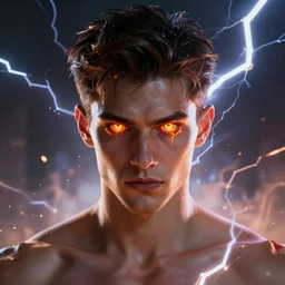 character concept, portrait, symmetrical head - on centralized, young man with strong body and fire eyes. detailed, high quality, dynamic lightning, fantasy, scenematic. artwork by artgerm, wlop, alex ross, greg rutknowski, alphonse mucha