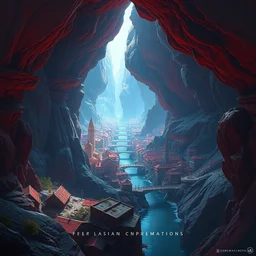 a highly detailed 4 k fantasy matte oil painting by afremov of a city inside cave built around a long river. artstation, cgsociety, unreal engine, concept art, red and blue color scheme.