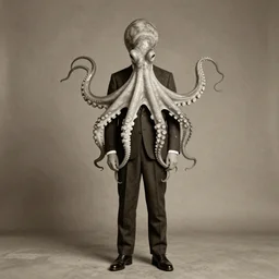 vintage full body portrait of an octopus headed man in a suit, sepia