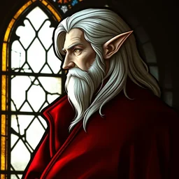 medieval stained glass window, side - view portrait of a stern man, pale skin, long white hair, pointy elf ears, expensive red coat, masterful, backlit