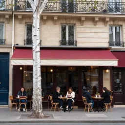 people sit outside a a parisian cafe. a silver birch tree is in the foreground an it is a sunny afternoon