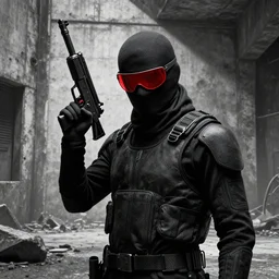 ninja with red glasses holding a uzi in concrete brutalisim monochrome world 4 k photorealism