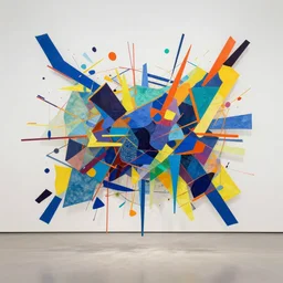by cassius marcellus coolidge, by frantisek kupka felt pieces, electric indigo. installation art. a colorful abstract composition. it is made up of geometric shapes & lines in various colors. the shapes appear to be floating in space & the colors are very bright & vibrant.