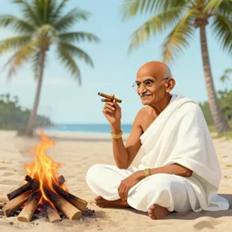 gandhi sitting on a beach next to a campfire with palm trees in the back, holding a cigar, sunset, surrounded by animals parrot turtle lizard crab coconuts, glorious lighting, epic environment, highly detailed, digital art, hyper realistic