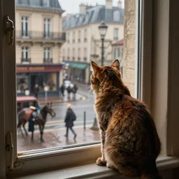 a brown cat is watching Paris out of window. We can see people walking on early 20th century Paris. There are also horse cartridges on the street. It´s a rainy day. We can see cat´s back. Cat is sitting on that window looking outside