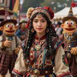 detailed ultrarealistic photography medium shot of dnd fantasy festival ethnic girl warrior in muppet show cloth, leyendecker, norman rockwell, greg rutkowski, jim henson artstation cinematic, vray