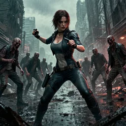 alice from Resident Evil fight with zombies army in the wreckage city in the rain,by Tim Hildebrandt ,James Paick,Ted Nasmith, peter gric,Hugh Ferriss,trending on artstation,8k,Blade Runner 2049,ultra realistic,high detail,golden ratio,cinematic lighting,maximalist