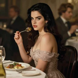 lana del rey eating dinner, character sheet, character design, contrast, deep focus, turnaround, highly detailed, dramatic lighting, digital painting, artstation, concept art, matte, sharp focus, illustration, elegant, art by artgerm and greg f and alphonse mucha.