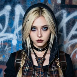 highly detailed closeup portrait of a sewer punk lady thief student, tartan vestments, blonde hair by atey ghailan, by greg rutkowski, by greg tocchini, by james gilleard, by joe fenton, by kaethe butcher, gradient, blue, black, brown and cream color scheme, grunge aesthetic!!! white graffiti tag wall background
