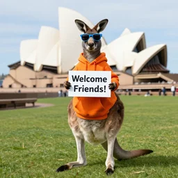 “A portrait photo of a kangaroo wearing an orange hoodie and blue sunglasses standing on the grass in front of the Sydney Opera House holding a sign on the chest that says Welcome Friends!”