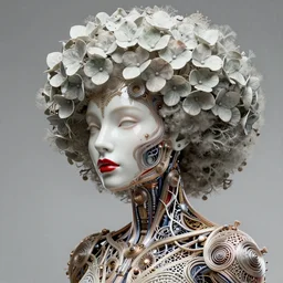 complex 3 d render, hyper detailed ultrasharp beautiful biomechanical mandelbrot fractal steampunk filigree mesh wire female cyborg portrait with a porcelain profile face, albino afro, elegant crown with big hydrangea foliage leaves stems roots, red lips, alexander mcqueen haute couture, art nouveau fashion, octane render, 8 k