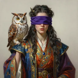character concept portrait, blindfolded hag with a owl on her shoulder, digital painting, detailed, highly detailed, vivid colorful ornate robes, smooth, sharp focus, illustration by ruan jia and mandy jurgens and william - adolphe bouguereau, artgerm