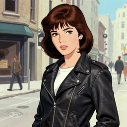young female protagonist in leather jacket, city street, artwork by ralph bakshi