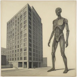 artwork of a building and humanoid individual creature by Julie Mehretu,