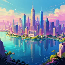 cyberpunk city surrounded by a glistening lake, art by seerlight, saturated color palette, utopian, science fiction, digital illustration, artstation, unreal engine