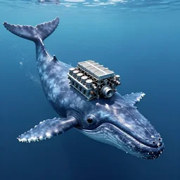 digital art of a small v 8 engine on the large rectangular head of a massive cachalot whale, eight - cylinder piston diesel engine in the head of a huge cachalot in the ocean, smooth body and tail of a cachalot whale, full - body, wide angle, longer shot, in the style of cyberpunk, fantastic