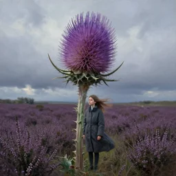 portrait, enormous thistle flower head, a girl wearing coat in heather field, surreal photography, wind and cold, dramatic sky, impressionist painting, digital painting, artstation, simon stalenhag