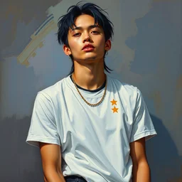 an hyper intricate oil painting of gen z model wearing a fashion outfit wearing a clean t - shirt, full body ultra fashion model pose by vogue, excellent composition, by yoshitaka amano, by greg rutkowski, by alphonse mucha, by rhads, by ross tran, trending on artstation