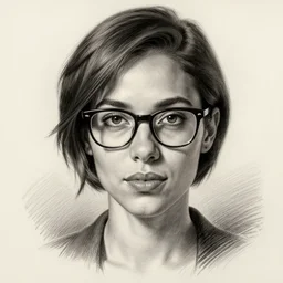 smug american woman with glasses, short hair, portrait, pencil sketch