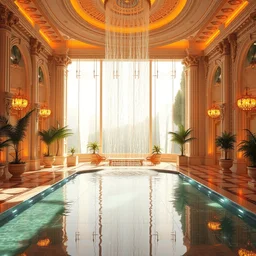 bright sleek waterfall solarpunk palace interior, neo - rococo, extreme opulence, 4 k octane render, utopia, made by sega, volumetric light, 4 k full hd, cinematic, futuristic, wealthy atmosphere, imagined by simon bizley, albert bierstadt, herbert james draper, arnold bocklin, caspar david friedrich, sir lawrence, alma - tadema, karl he