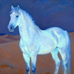 close up of the glowing moth horse of the namibian desert. a symphony in blue and white. painting by henri rousseau, yves yanguy, monet, arcimboldo
