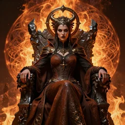 evil steampunk pyromancer woman, ornamental halo, black shirt, brown body, tunic, intricate robes, sitting on obsidian throne, fractal fire background, sharp focus, highly detailed, perfect detailed face, cinematic lighting, studio quality, chiaroscuro, smooth render, unreal engine 5 rendered, octane, rendered, by artgerm, greg rutkowski, alphonse mucha