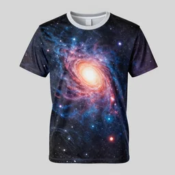 photo of a t - shirt with a cool galactic print on the chest in the style of maximalism, product photo