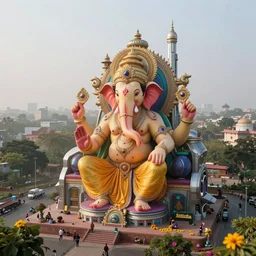 beautiful futuristic new delhi, sharp sci - fi ganesha!! building, kalighat flowers, octane highly detailed cinematic, stephen shore & john j. park, soft morning light, wide shot, high angle, uhd 8 k, shallow depth of field