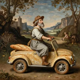 fantasy dwraf riding a car made out of baguette, renaissance painting,