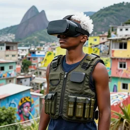 favela black boy with white hair wearing bulletproof vest and vr goggles, afrofuturism, art noveau, basquiat style, rio de janeiro favela