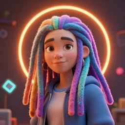 old woman with long dreadlocks in rainbow colors __trending artstation, ambient lighting, orange halo __ neon artifacts __ 3D render by Andrei Riabovi