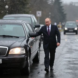 hyper realistic photo of putin walking to his car his car is a limo and it is raining photo - realistic