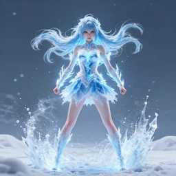 photorealistic full shot of masterpiece angry anime girl, posing, electric aura with particles, snowing frozen ice, darkness background, inspired by masami kurumada, akira toriyama, detailed, unreal engine 4 k, volumetric light, fog