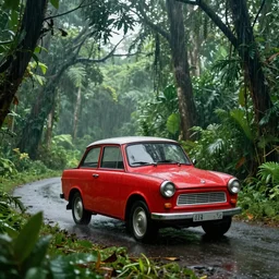 a vintage red trabant cruising in the jungle during a rainy season hyper realism, digital art, artstation, poster, high details, green, vegetation, 1 9 6 5, socialist