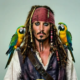 jack sparrow with a parrot on the shoulder, realistic portrait, 8k resolution, hyper detailed, studio lighting, cinematic