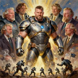 full body and head portrait of Hafþór Júlíus Björnsson in science fiction combat armour battling tiny soldiers, dynamic action, painted by norman rockwell and phil hale and greg staples and tom lovell and frank schoonover and jack kirby