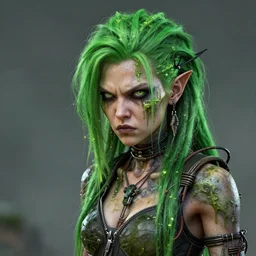 highly detailed portrait of an angry wasteland punk long dripping green poison hair tribal android lady, stray wiring by atey ghailan, james gilleard, by joe fenton, by greg rutkowski, by greg tocchini, by kaethe butcher, 4 k resolution, gradient purple, brown black and white color scheme!!! ( ( green flaming robotic sewer background ) )