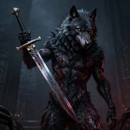 a bloodied black werewolf holds a great dagger by Greg Rutkowski, Bloodborne, 4k photorealistic, volumetric lighting, HD, high details, dramatic, dark atmosphere, trending on artstation