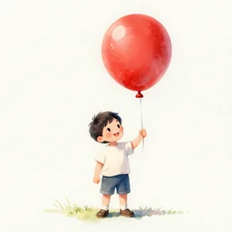 a small boy standing and smiling who is proudly holding a large red balloon. watercolor painting