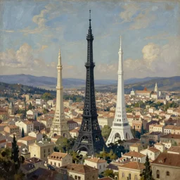 Skinny black tower, skinny white tower, Mediterranean city, fantasy magic, oil painting, digital art, illustration, wide angle, fine details, cinematic, volumetric light, ray traced, highly detailed, 4k, concept art