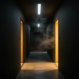 spooky photo of a dark hallway of a modern japanese house with open lit doorways, dramatic lighting, smoke, ceiling fluorescent lighting, black and yellow colour palette