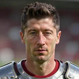 unveiled visible face, exposed face, robert lewandowski polish professional footballer, photorealistic face, full face photo, 4 k, detailed, pic, elegant, ultra detailed, metallic armor, octane render, depth of field