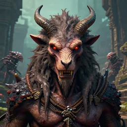 full - face close - up portrait, the primal god of the wild who slowly turns his worshipers into twisted animalistic monsters by bruce brenneise, alien ancient ruins in background, 3 d render, neosurrealism. digital concept art, pixel art, rendered in octane, trending on cgsociety, trending on artstation