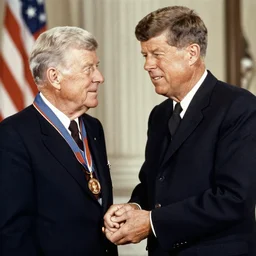 colorized photograph of an elderly John F Kennedy receiving the presidential medal of honor