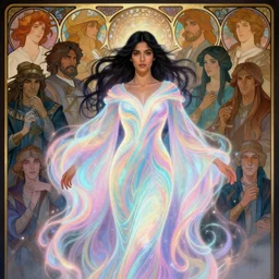 asymmetric portrait, medium shot, maya ali, wind sorcerer, gloomhaven, luminescent, fantasy robe, colorful swirly magic ripples, pastel colours, by greg manchess, alphonse mucha, huang guangjian, gil elvgren, sachin teng, greg rutkowski, jesper ejsing, ilya kuvshinov
