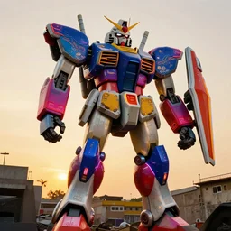 colourful - damaged - giant mecha ROBOT of AJEGUNLE SLUMS (neon lit) of Lagos, markings on robot, Golden Hour,