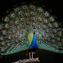 realistic photo of beautiful colorful peacock sitting on tree, dark smooth background, very sharp focus, dark background, in the style of greg rutswoski, very hyper realistic, highly detailed, fantasy art station